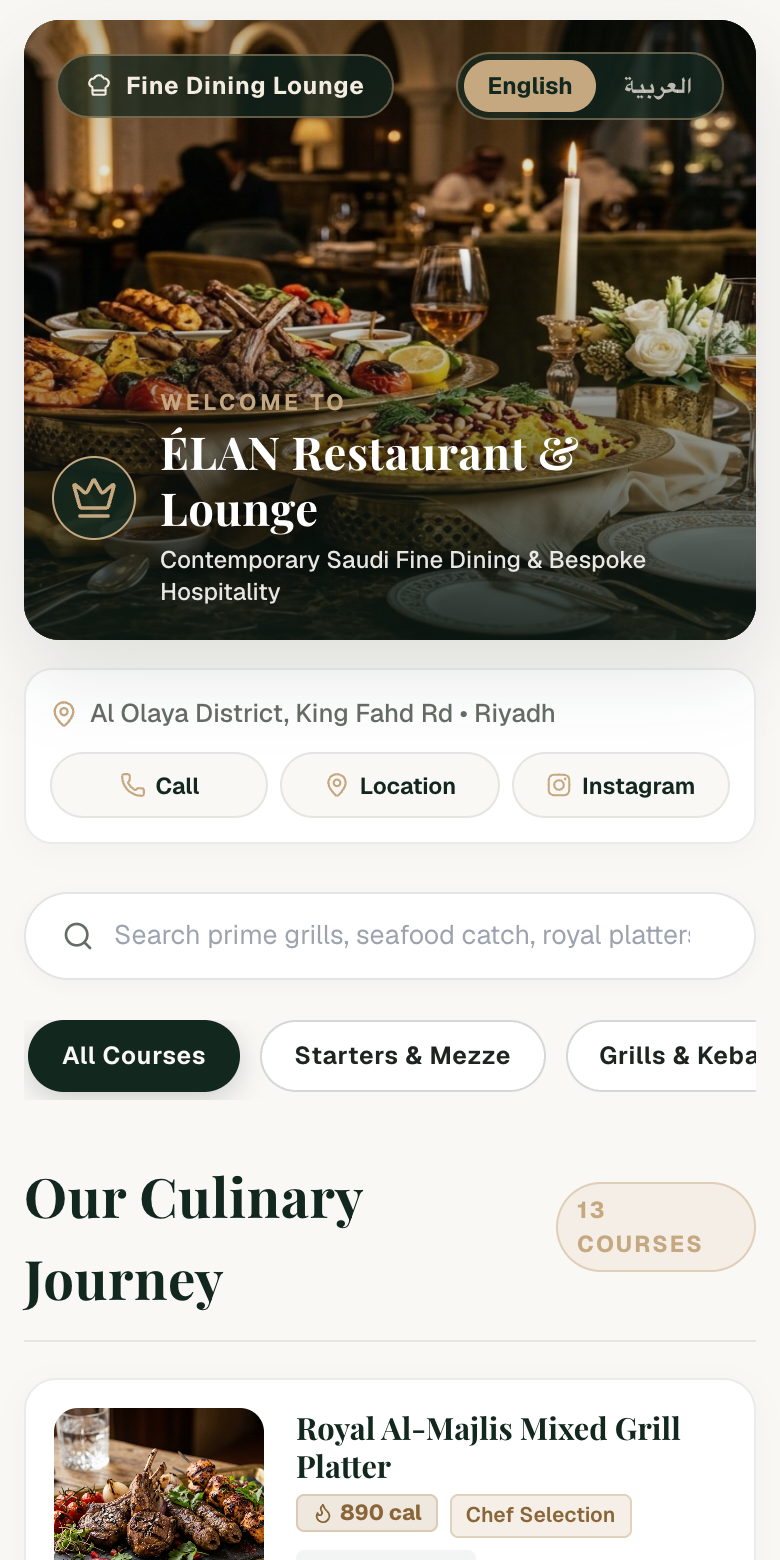 ÉLAN Fine Dining and Hotel Menu Live Preview